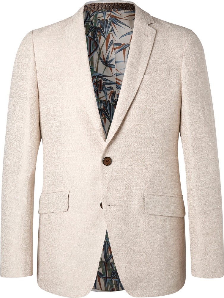 Etro Cream Slim-Fit Cotton and Linen-Blend Jacquard Blazer