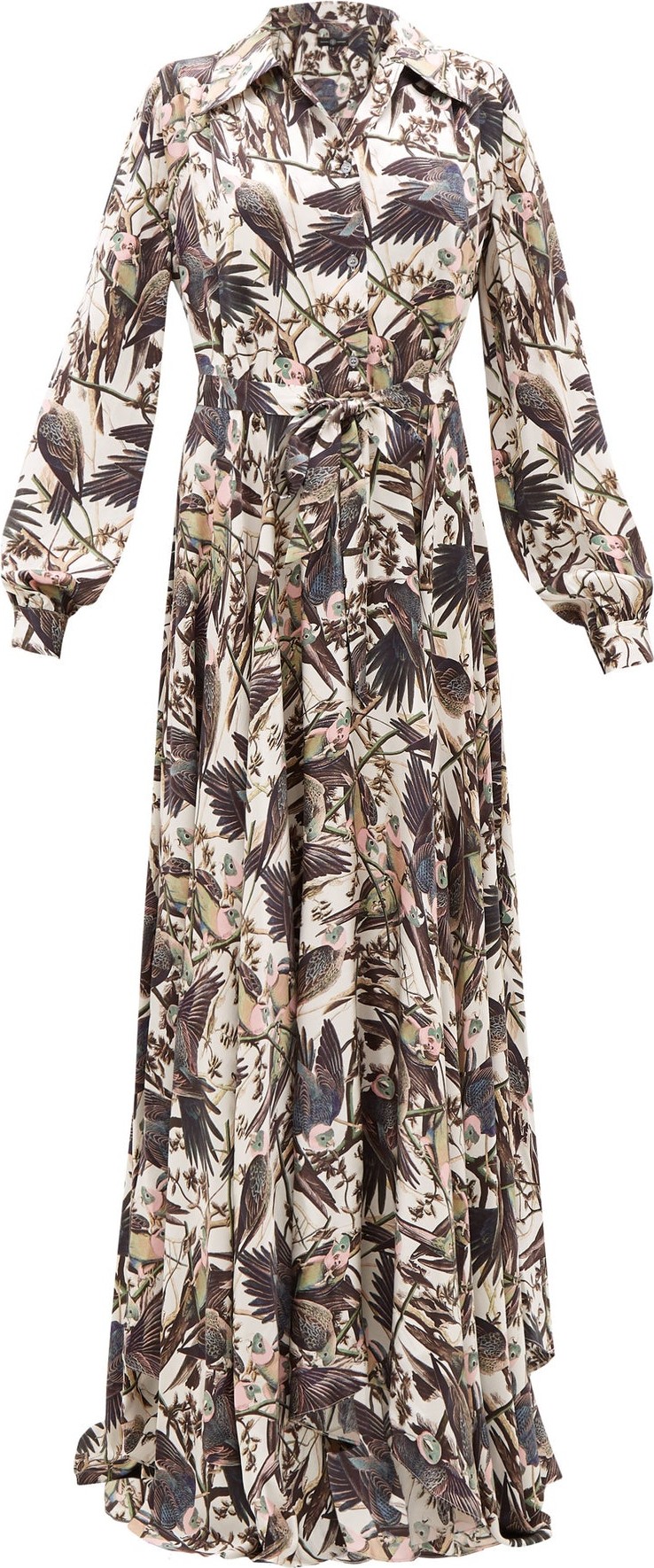 Edward Crutchley Parrot-print belted silk-satin maxi dress
