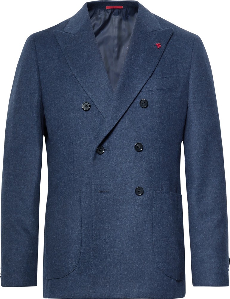 Isaia Navy Slim-Fit Unstructured Double-Breasted Wool and Cashmere-Blend Blazer