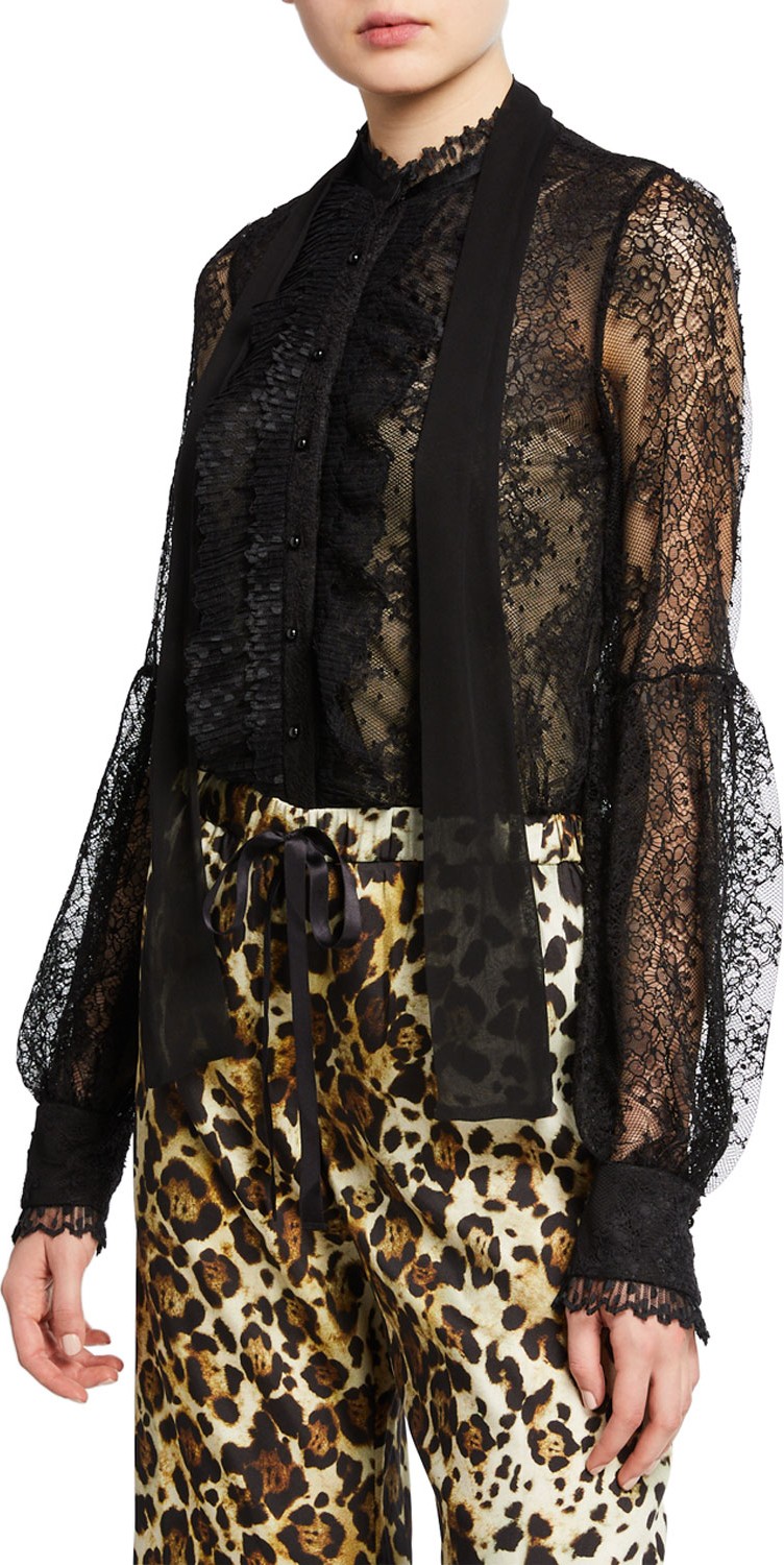 Alexis Charis Button-Front Lace Tie-Neck Top