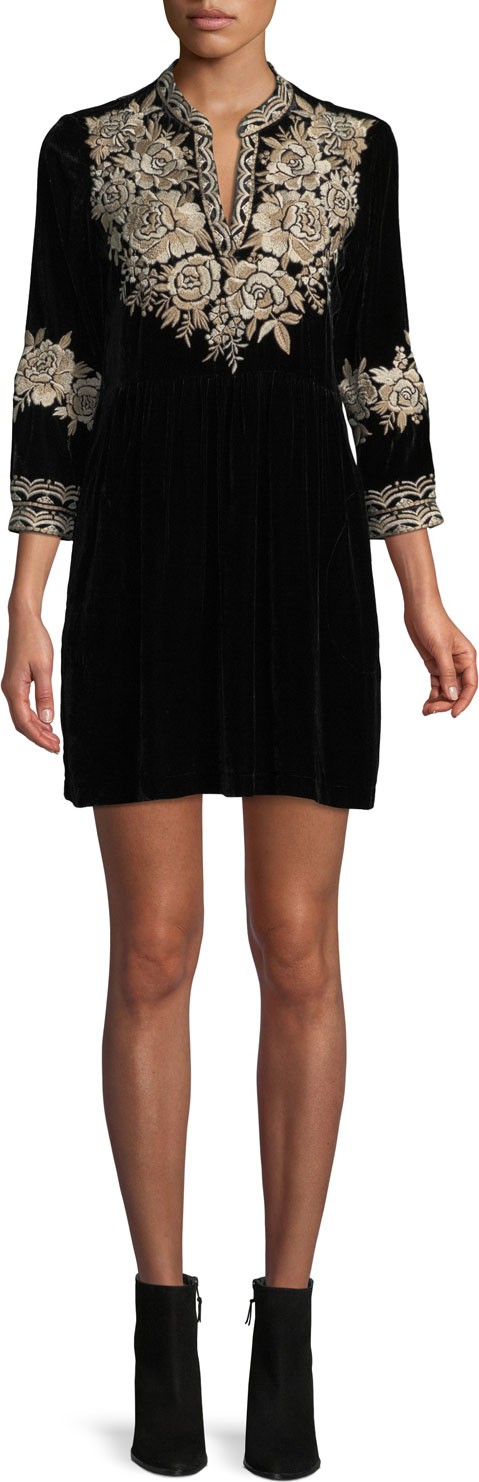 Johnny Was Olenna Henley Boho 3/4-Sleeve Velvet Dress