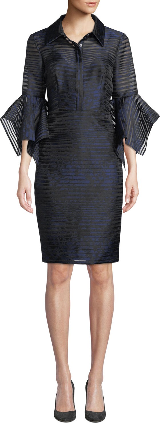 Badgley Mischka Sheer Striped Trumpet-Sleeve Shirtdress