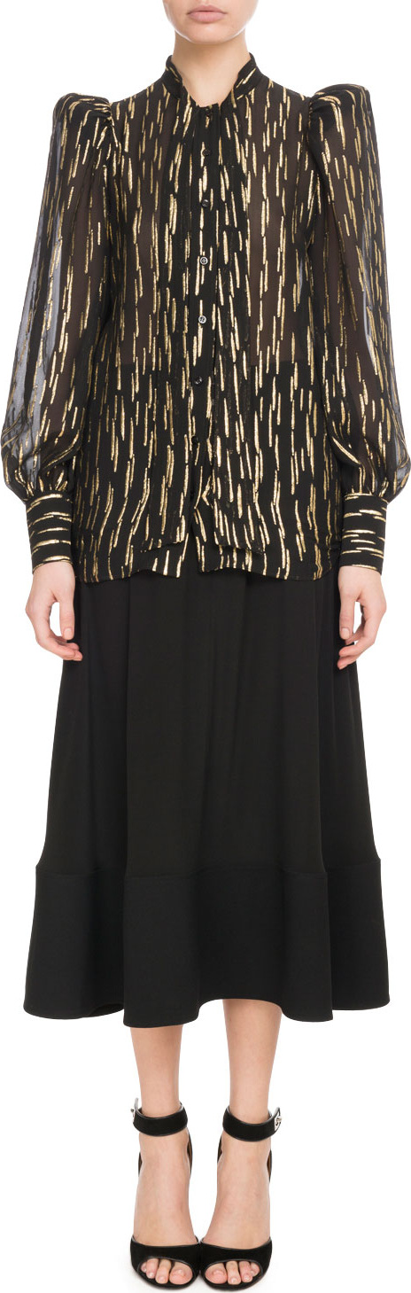 Givenchy Long-Sleeve Button-Front Golden Fil Coupe Silk Blouse