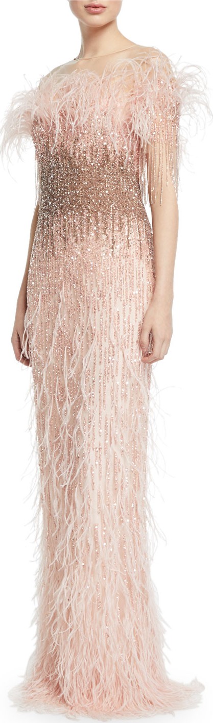 Pamella Roland Feather & Sequined Illusion Gown