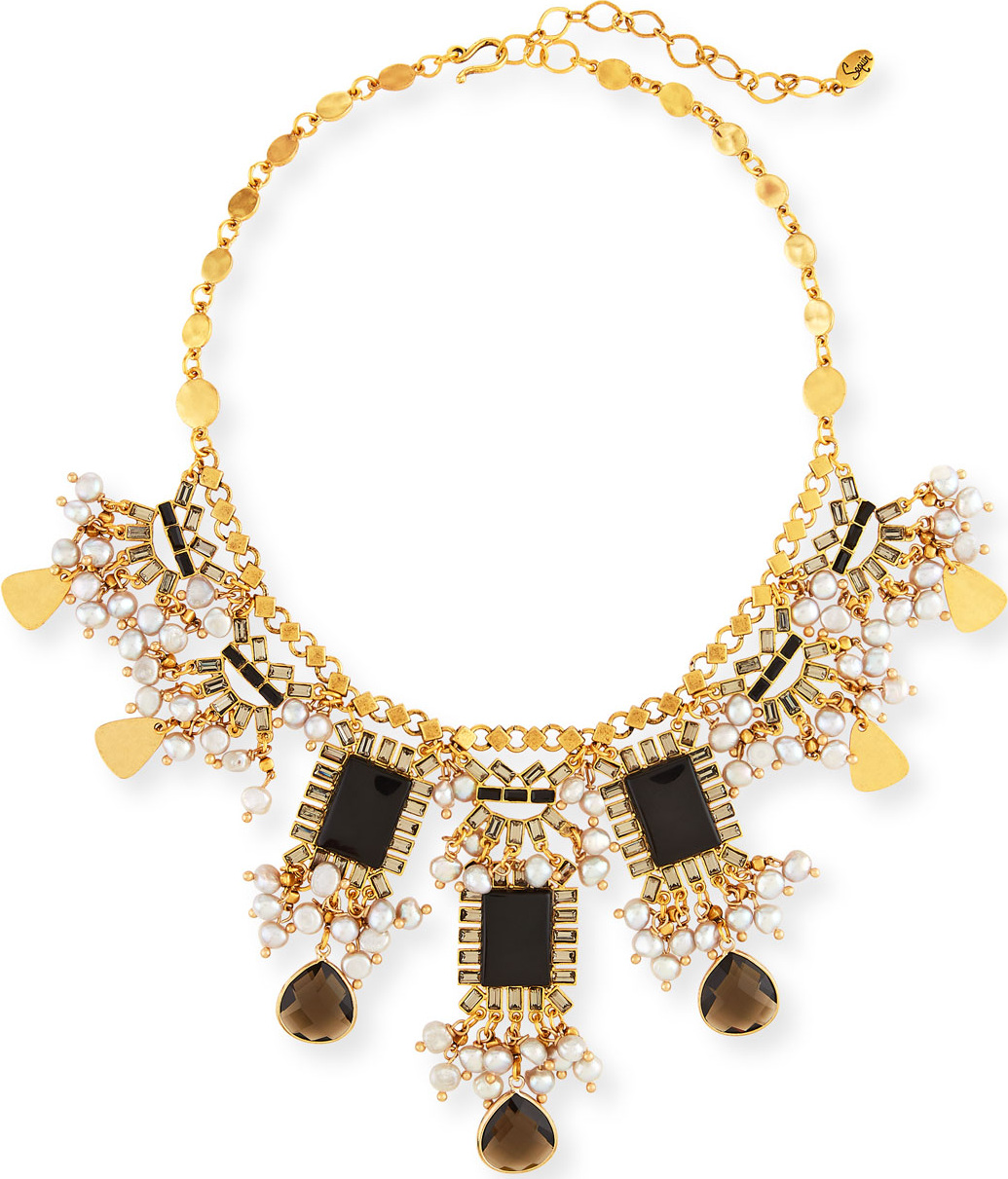 Sequin Pearly Statement Necklace, Black