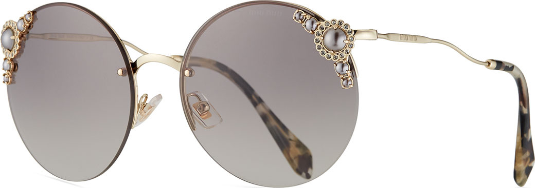 Miu Miu Stone-Trim Semi-Rimless Round Sunglasses