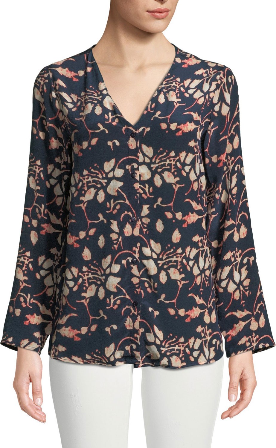 Tolani Greer Foliage-Print Button-Front Silk Blouse
