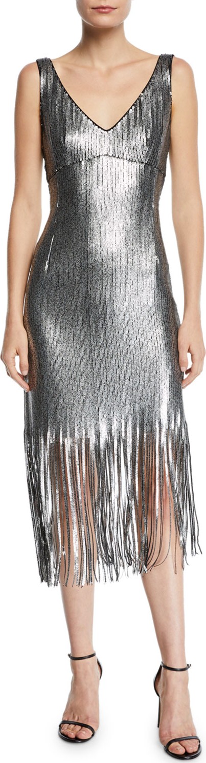 Nanette Lepore Funkytown Sequin Mid-Length Slip Dress with Fringe