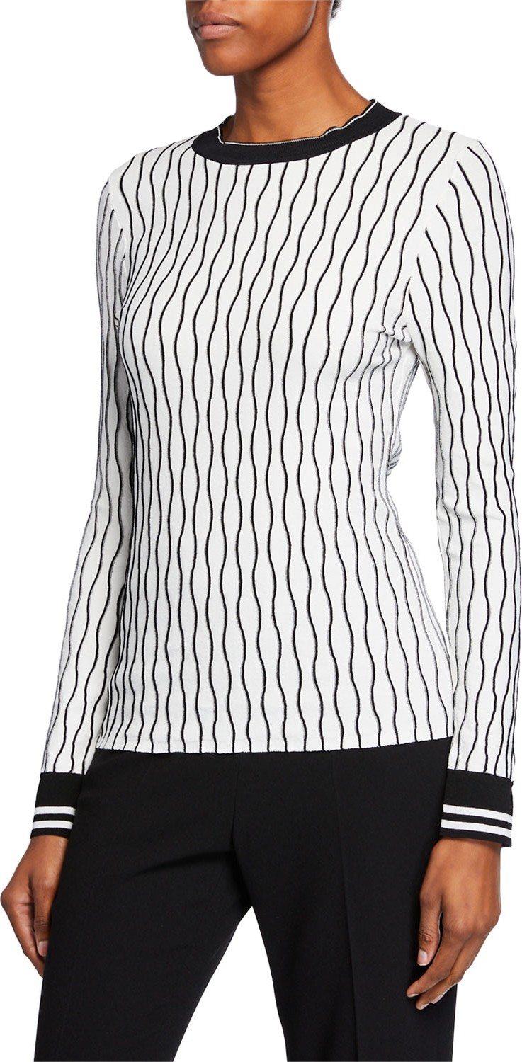Elie Tahari Emile Wave-Stripe Long-Sleeve Sweater w/ Contrast Trim