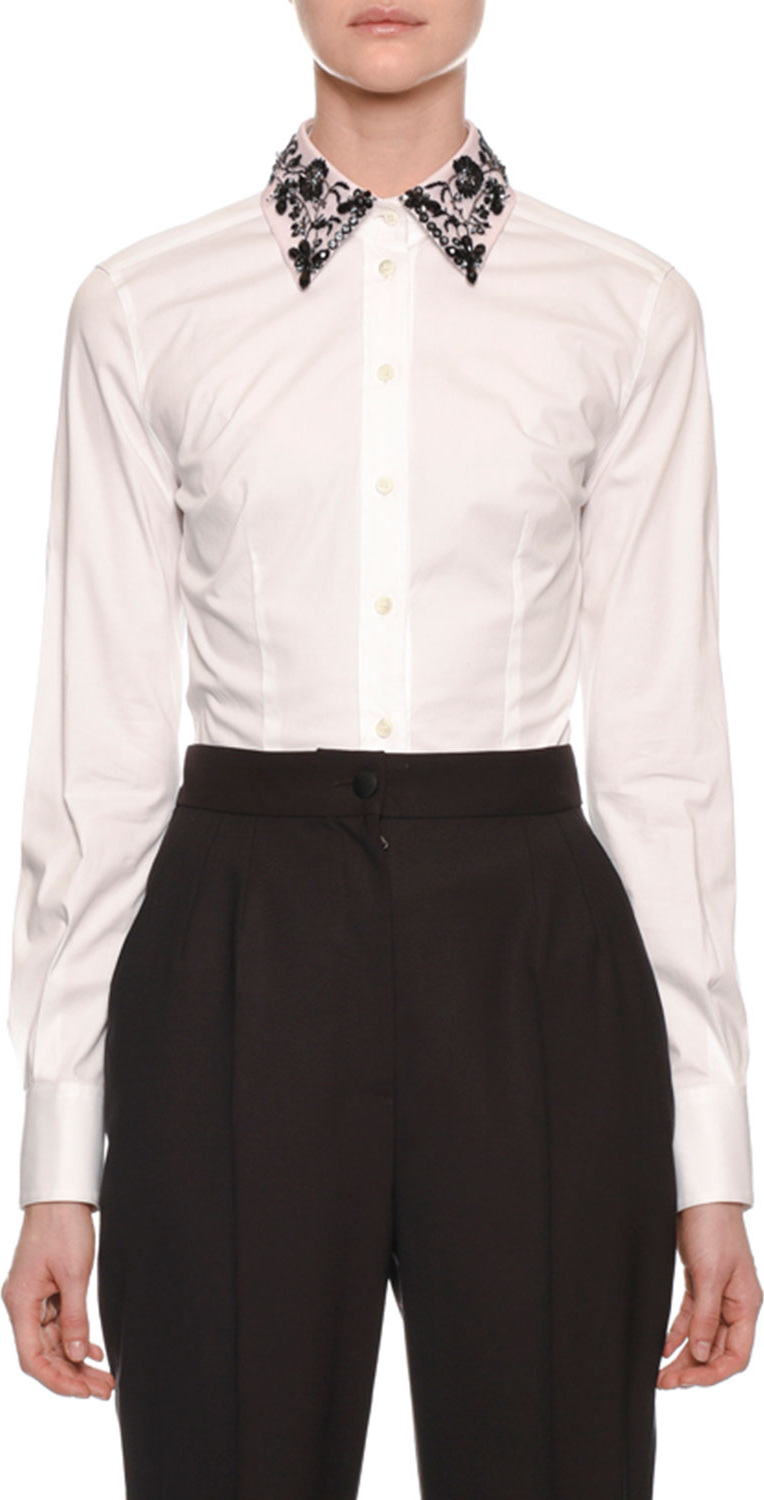 Dolce & Gabbana Long-Sleeve Button-Front Cotton Blouse with Embroidered Collar