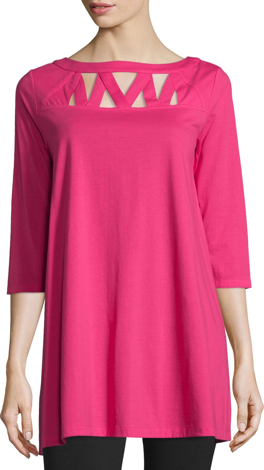 Joan Vass 3/4-Sleeve Yoke-Cutout Tunic