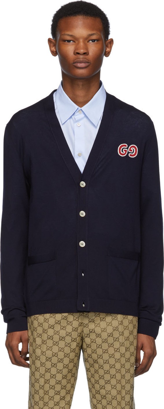 Gucci Navy Thin Knit GG Cardigan