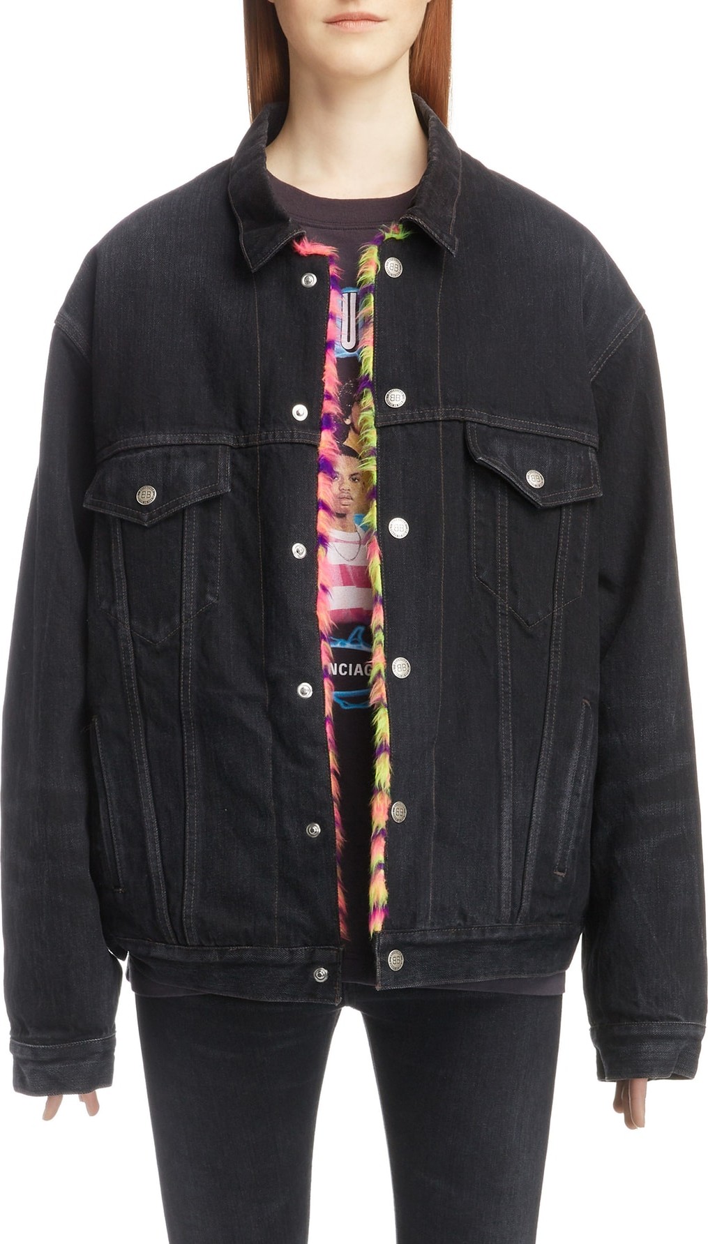 Balenciaga Faux Fur Trim Oversize Denim Jacket with Faux Fur