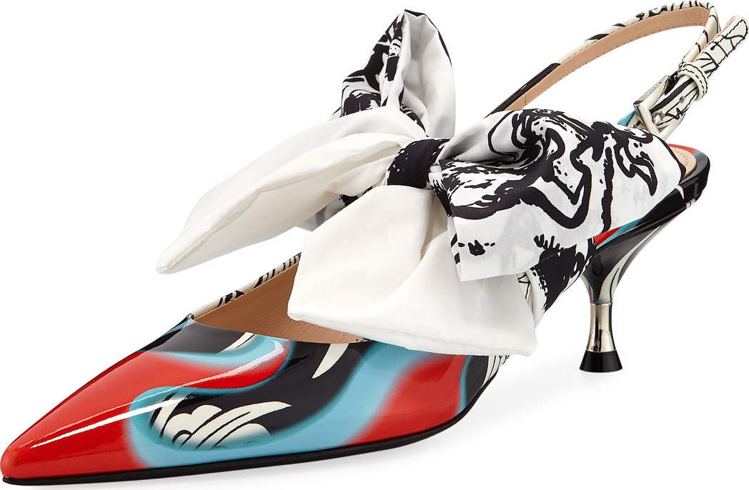 Prada Printed Slingback Pumps with Scarf Bow