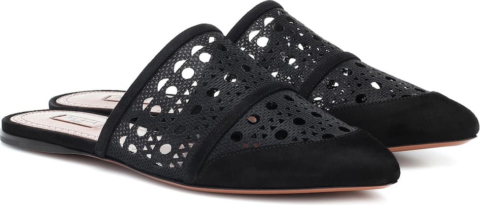 Alaïa Laser-cut mesh and suede slippers