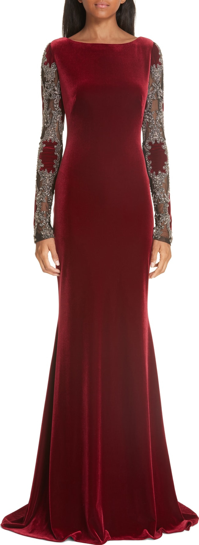 Badgley Mischka Embellished Sleeve Velvet Gown
