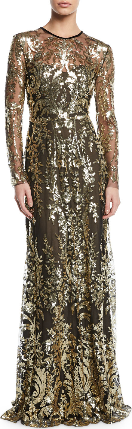 Naeem Khan Metallic Lace Long-Sleeve Gown