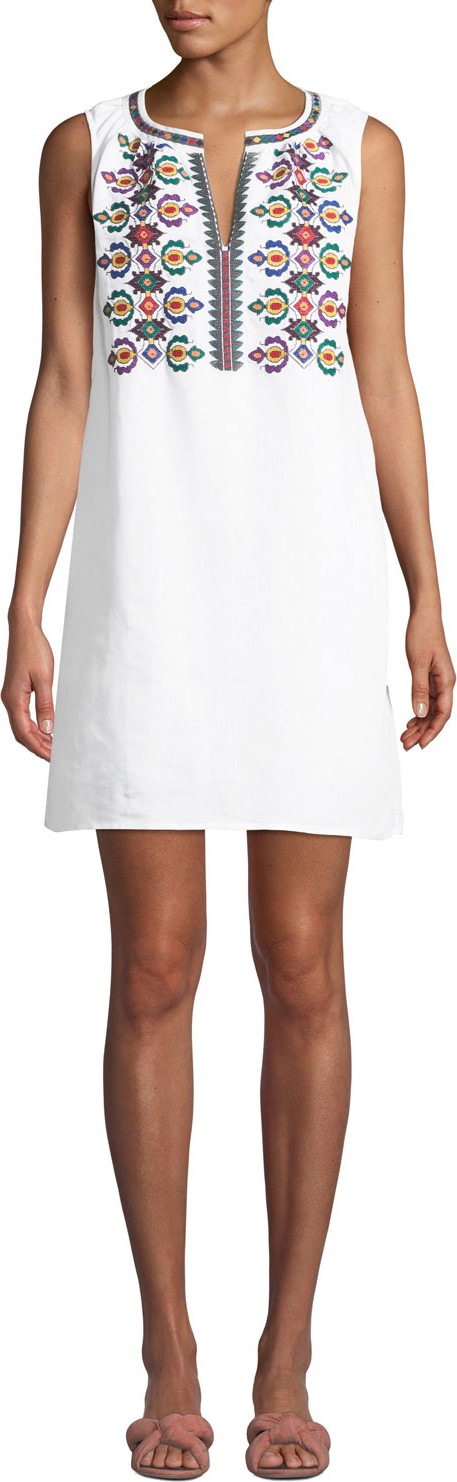 Tory Burch Embroidered Sleeveless Linen Short Dress