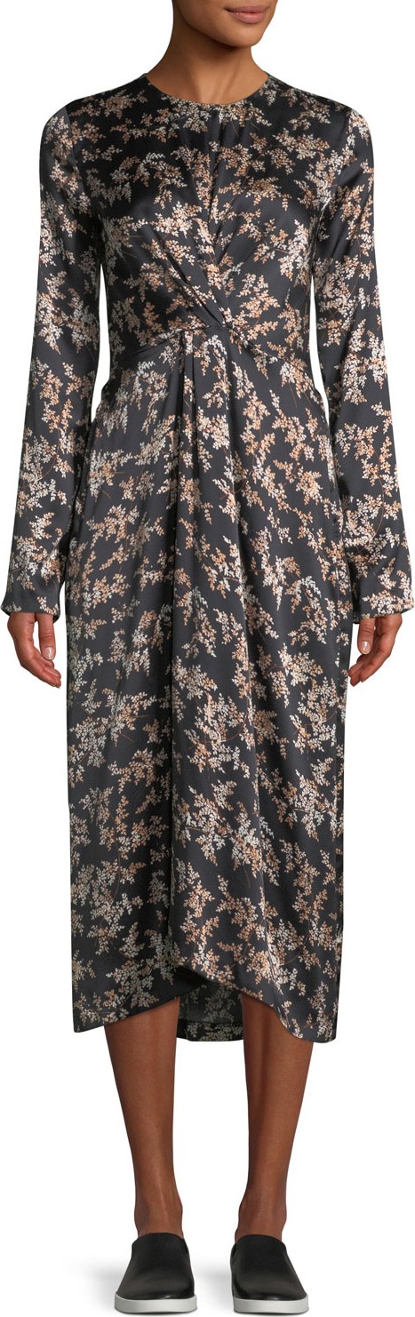 Vince Eden Leaf-Print Twist-Front Silk Midi Dress