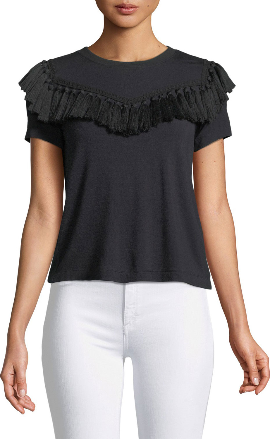 Rebecca Minkoff Karen Fringe-Yoke Short-Sleeve Top