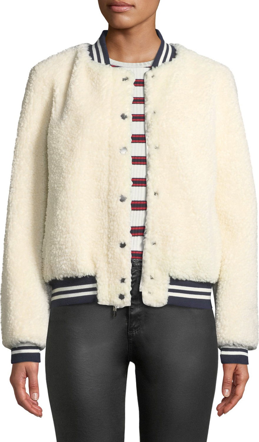 Belle Fare Lamb Fur & Contrast Baseball Jacket