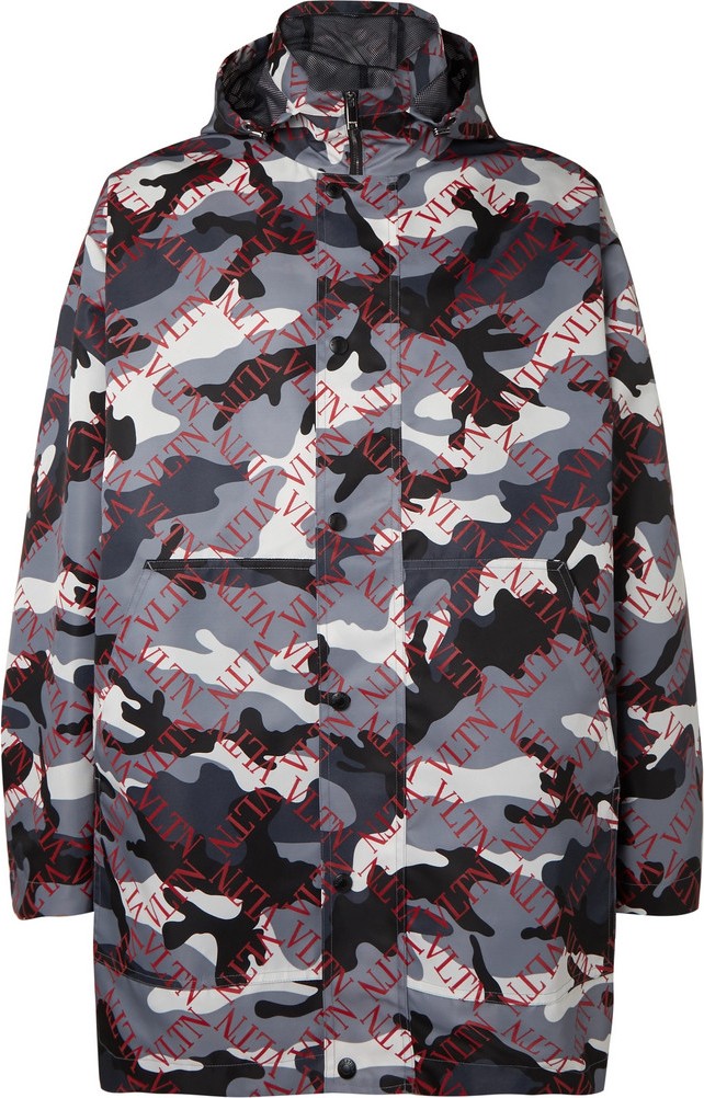 Valentino Logo and Camouflage-Print Shell Hooded Coat