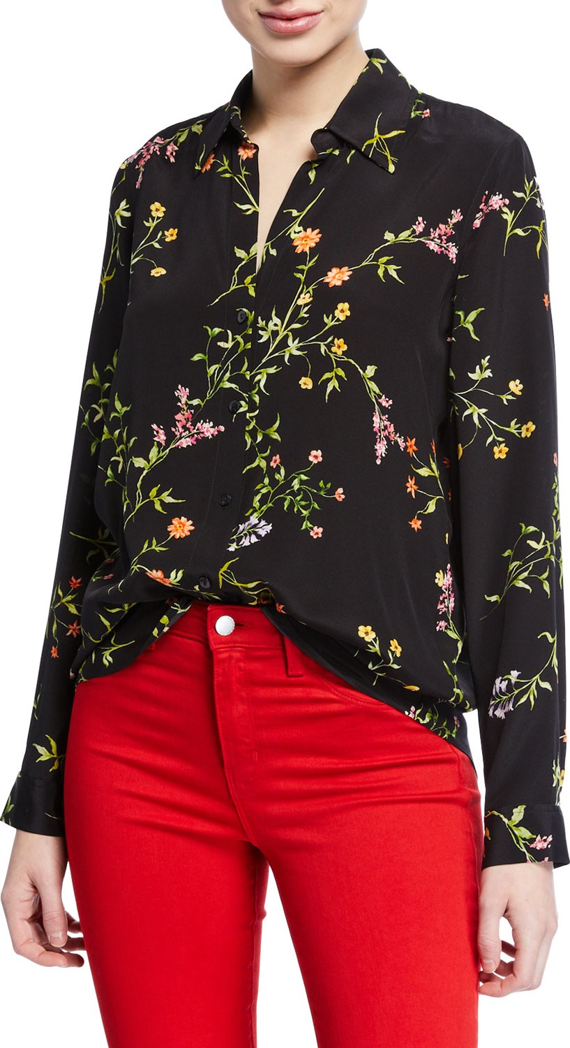 L'AGENCE Nina Long-Sleeve Floral Silk Blouse
