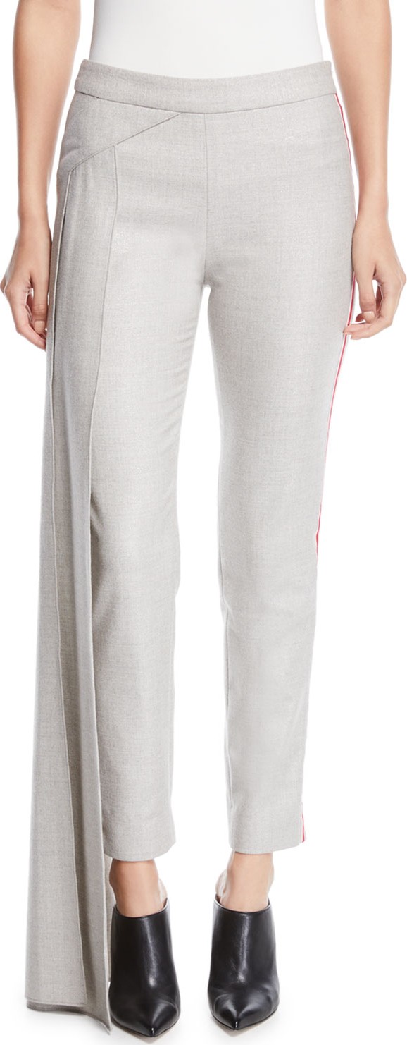 Hellessy Side Drape Panel Fitted Skinny-Leg Metallic Flannel Pants