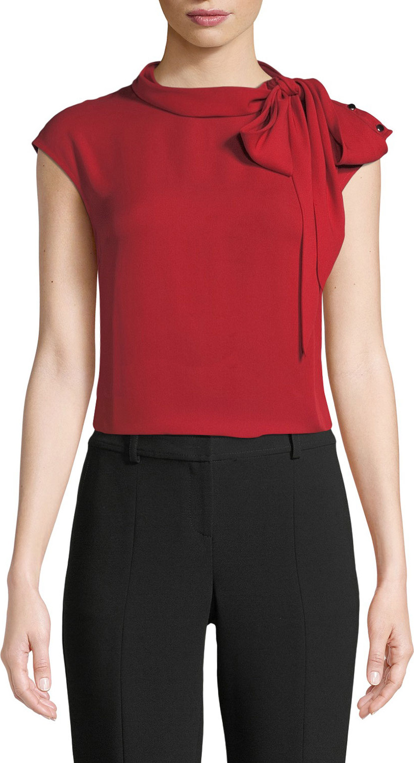 St. John Cap-Sleeve Silk Neck-Tie Top