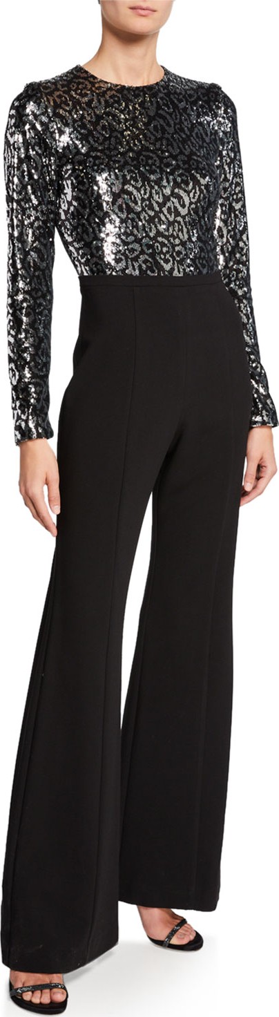 Black Halo Larzaro Zodiac Sequin Long-Sleeve High-Waist Flared-Leg Jumpsuit
