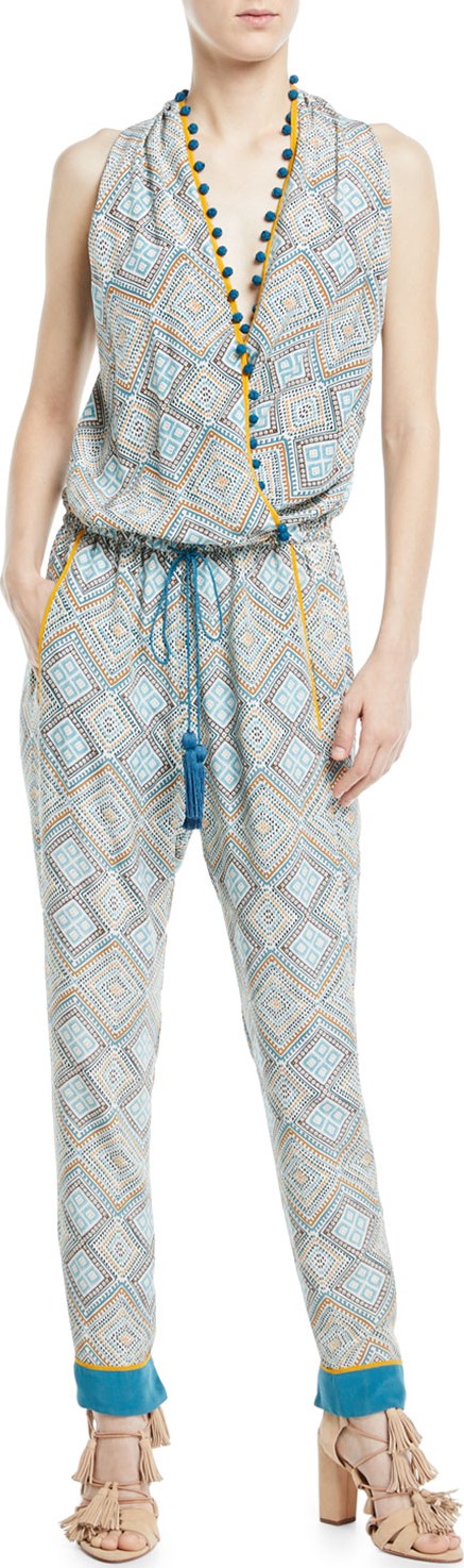 Talitha Sleeveless Twisted Racerback Printed Jumpsuit with Pompom Trim