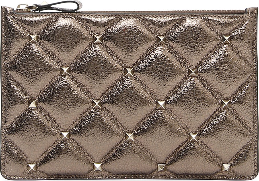 Valentino Candystud Medium Flat Metallic Leather Pouch Bag