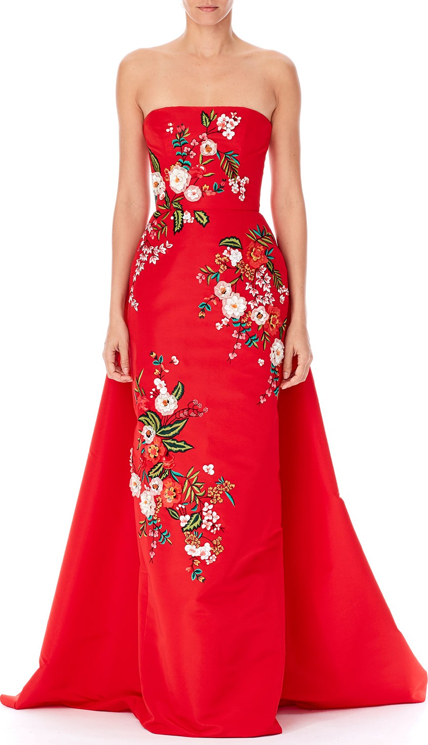 Carolina Herrera Strapless Threadwork-Embroidered Gown, Red