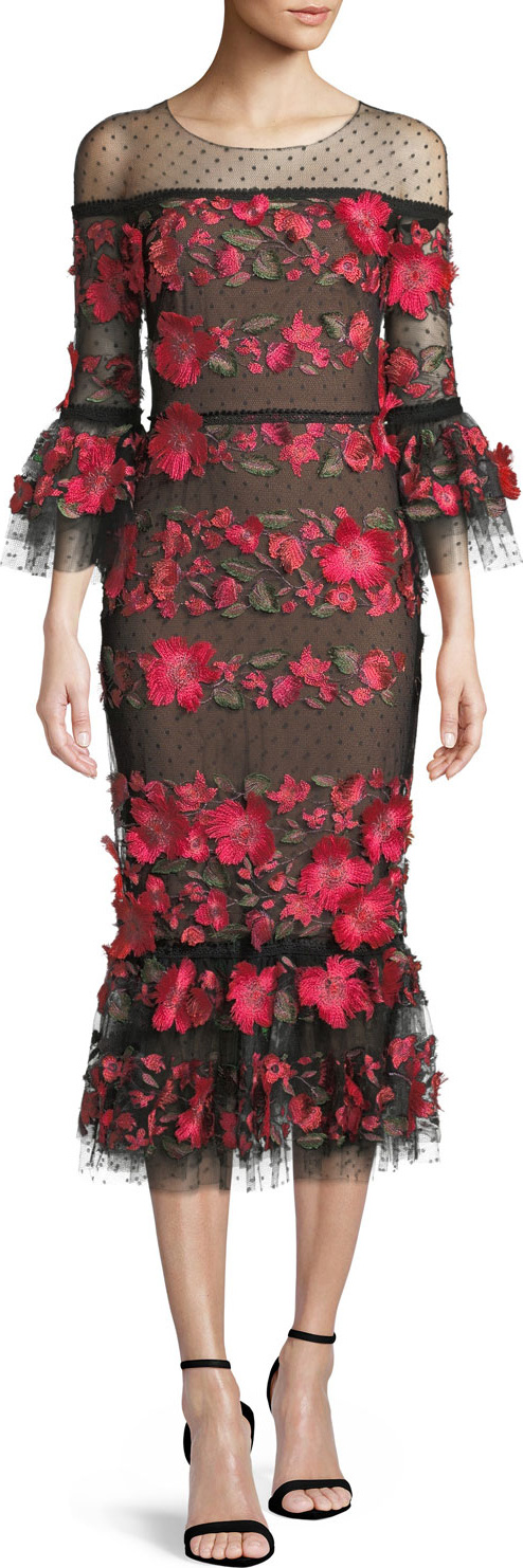 Marchesa Notte Floral Embroidered Dress w/ Ruffle Hem