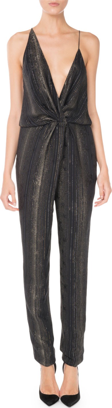 Saint Laurent Sleeveless Plunging Twist-Front Straight-Leg Metallic Silk Jumpsuit