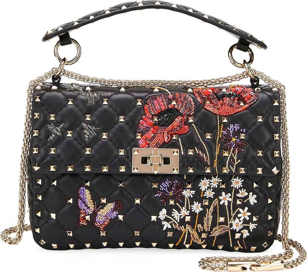 Valentino Spike It Beaded Flowers Quilted Leather Medium Shoulder Bag