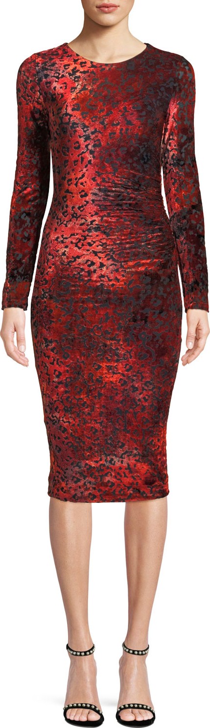 Fuzzi Long-Sleeve Leopard Animal-Pattern Velvet Cocktail Dress
