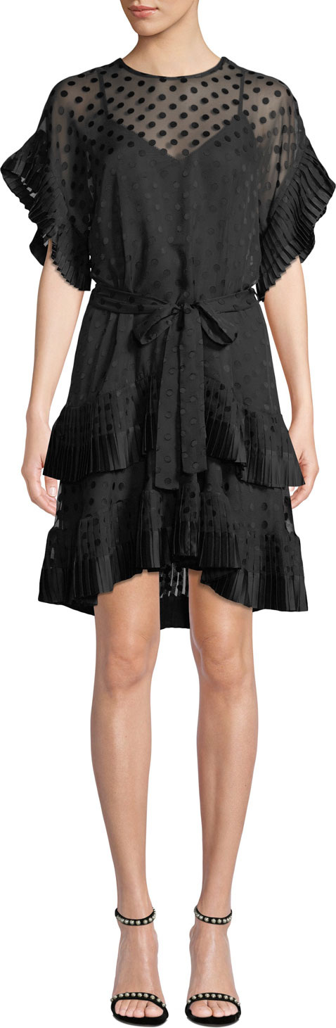 Zimmermann Tiered Polka-Dot Pleated Short Dress