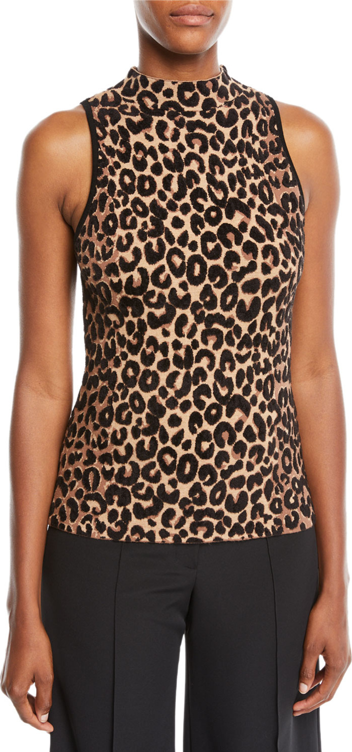 MILLY Mock-Neck Sleeveless Cheetah-Textured Shell