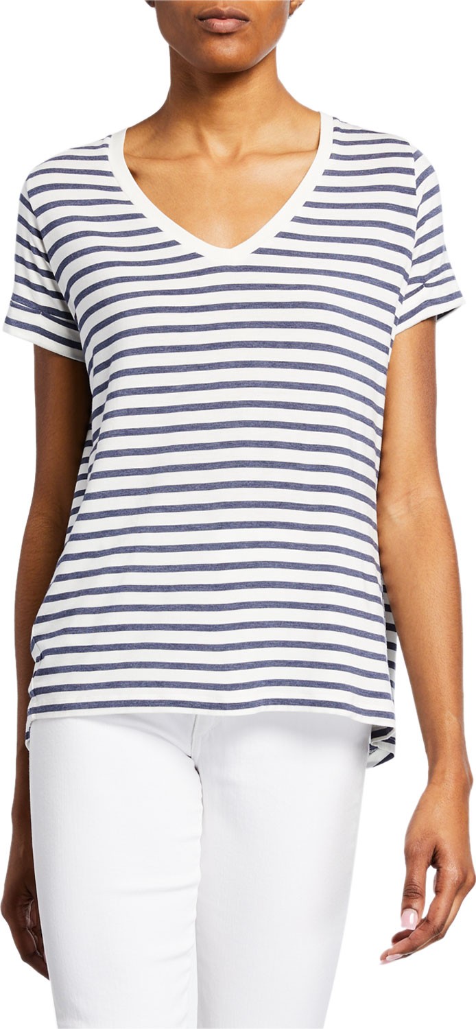 Majestic Soft Touch Striped V-Neck Tee w/ Back Pleat