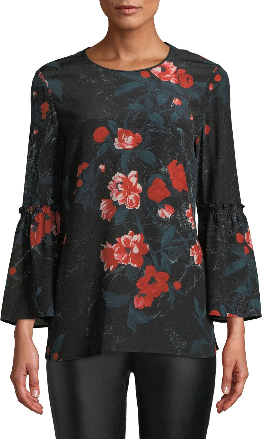 Lafayette 148 New York Roslin Bell-Sleeve Top w/ Terrace Florets