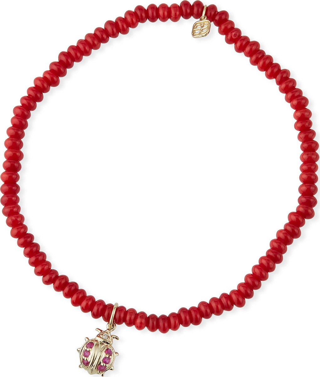 Sydney Evan 14k Small Ruby Ladybug & Red Coral Bracelet