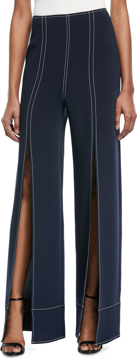 Cinq A Sept Magdalena Wide-Leg Slit-Front Pants with Topstitching
