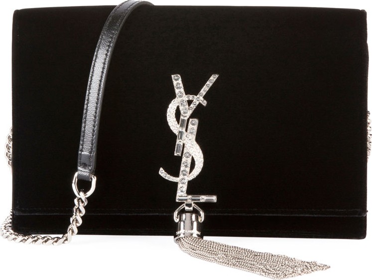 Saint Laurent Kate Toy Small Crystal-Monogram YSL Tassel Velvet Wallet on a Chain Bag - Miroir Hardware
