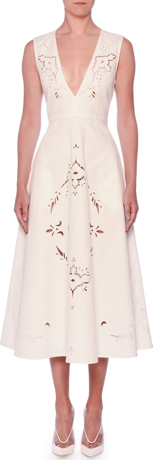 Stella McCartney V-Neck Sleeveless Embroidered Anglaise A-Line Midi Dress