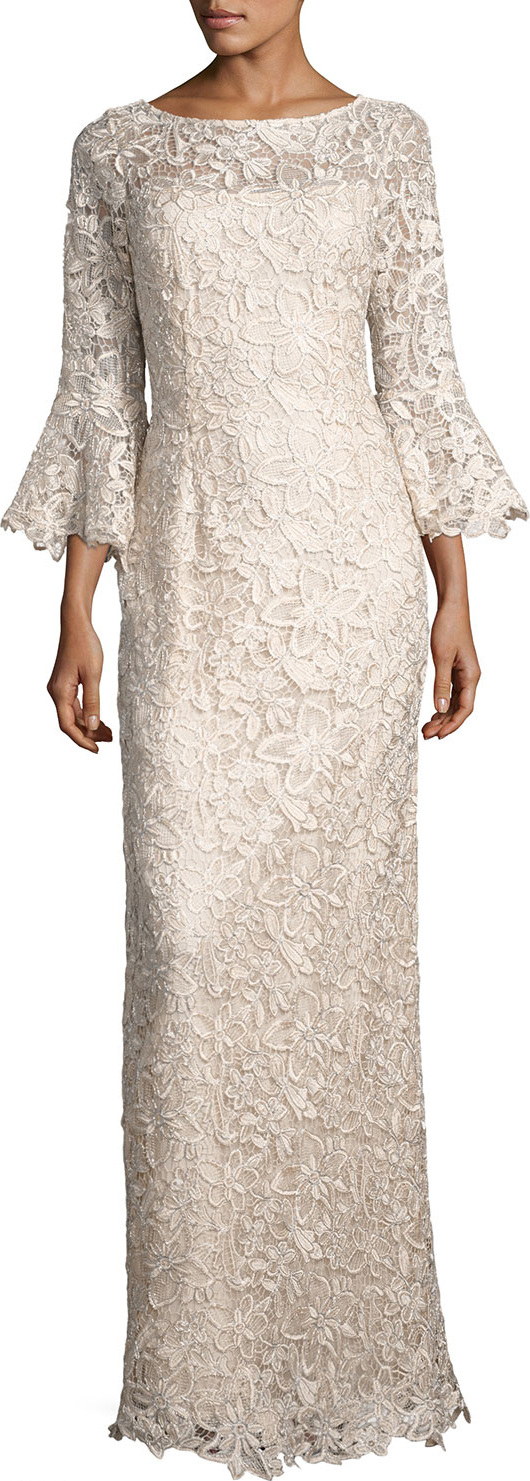 Rickie Freeman for Teri Jon Bell-Sleeve Floral Lace Column Gown