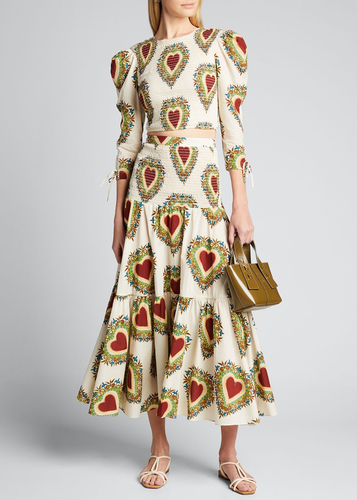 RHODE Jana Smocked Heart-Print Skirt