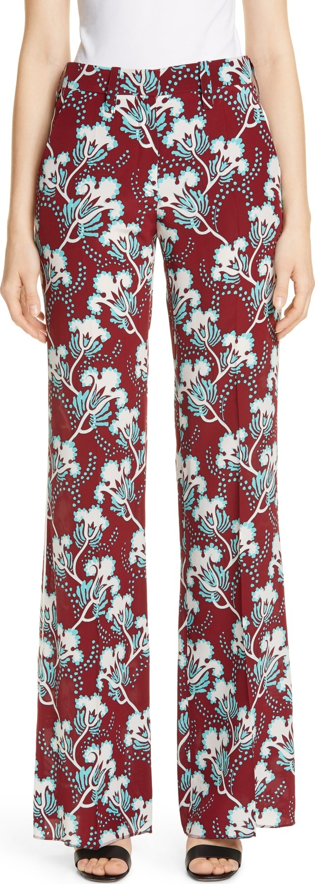 Valentino Elderflower Print Wide Leg Silk Pants