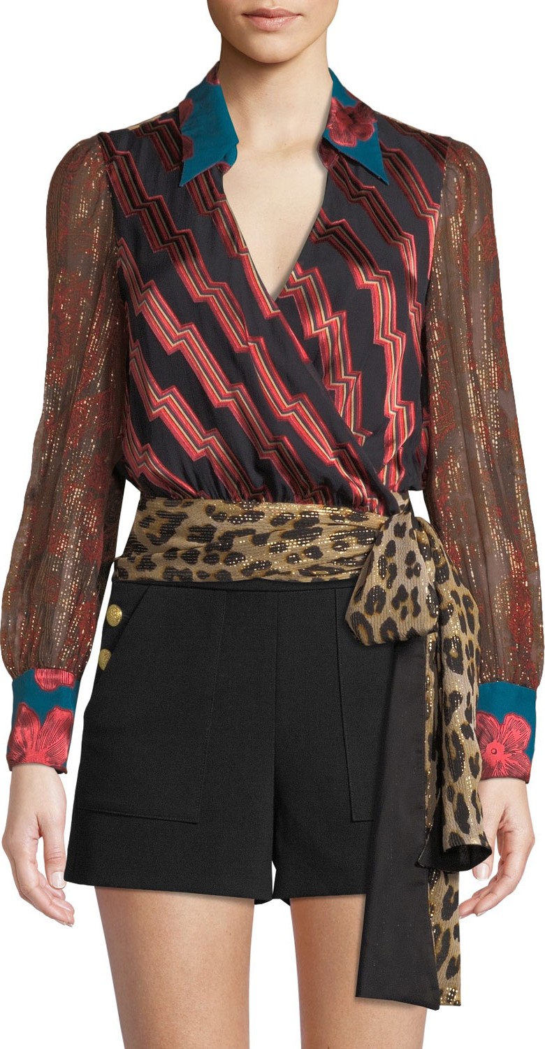Alice + Olivia Omega Blouson-Sleeve Wrap Top
