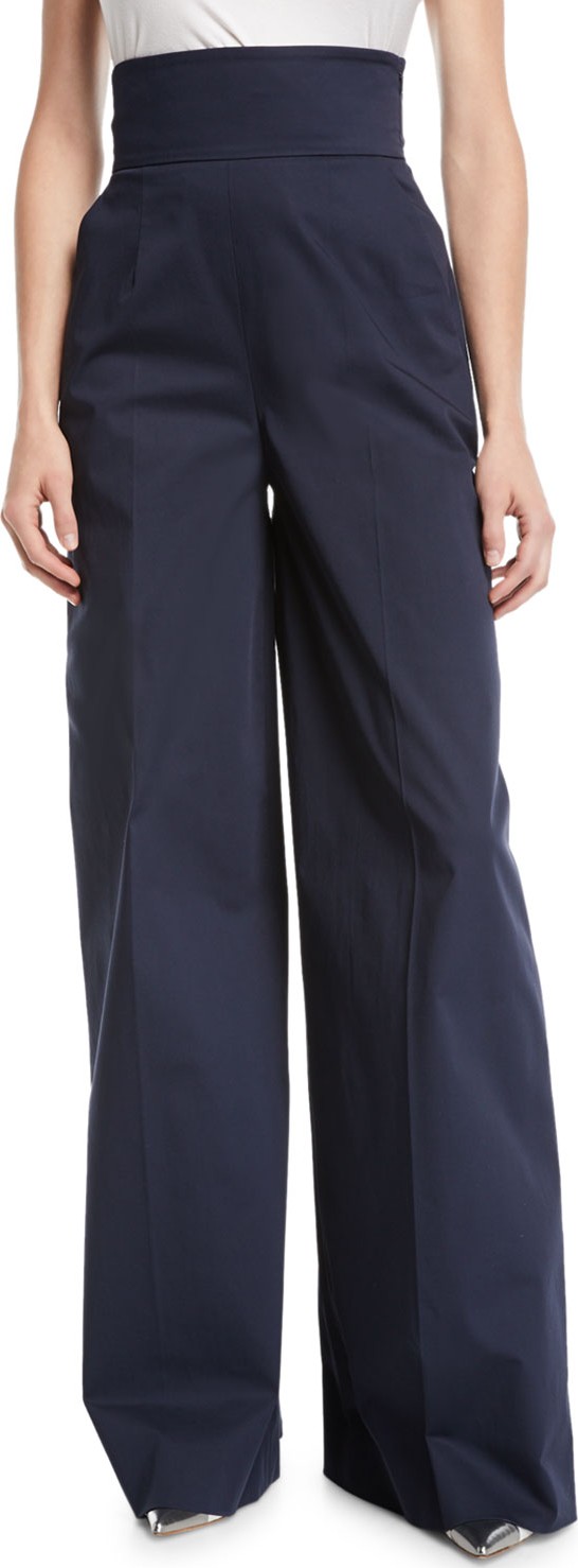 Oscar De La Renta High-Waist Wide-Leg Cotton Pants w/ Lace-Up Detail